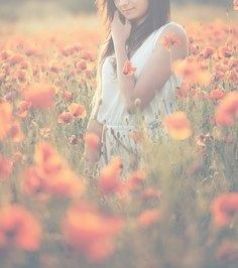 Beautiful young girl on poppy field with dress